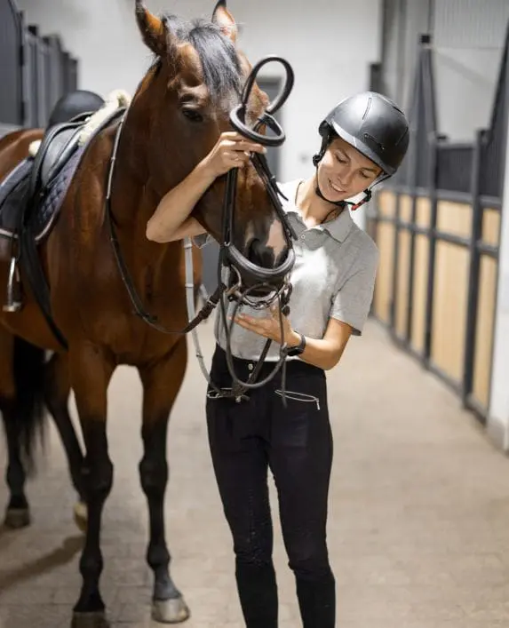 A lady at a stable stroking her horse's head