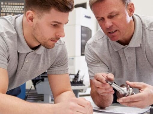 Older man with a young man showing him some tool in a workshop setting