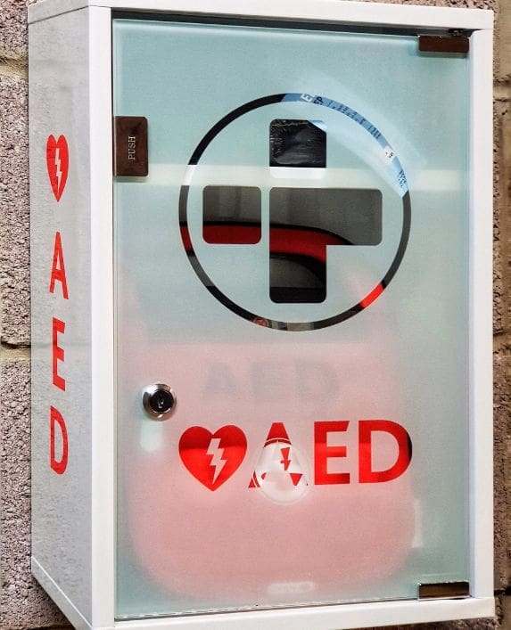 Image of a box containing an Automated External Defibrillator (AED)