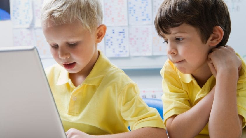 Two school boys looking at a lap top