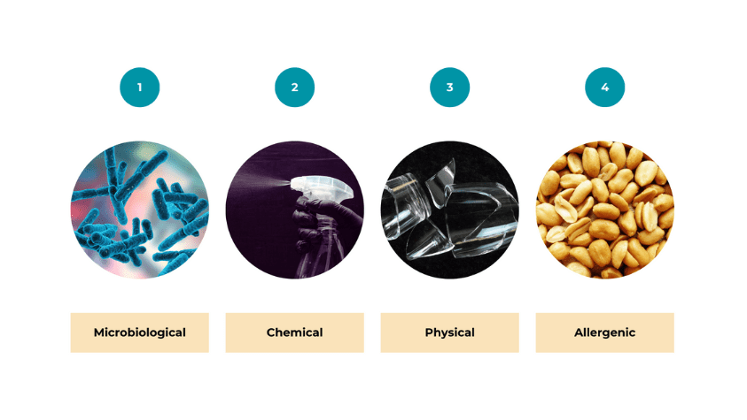 Four different types of food hazards in an image