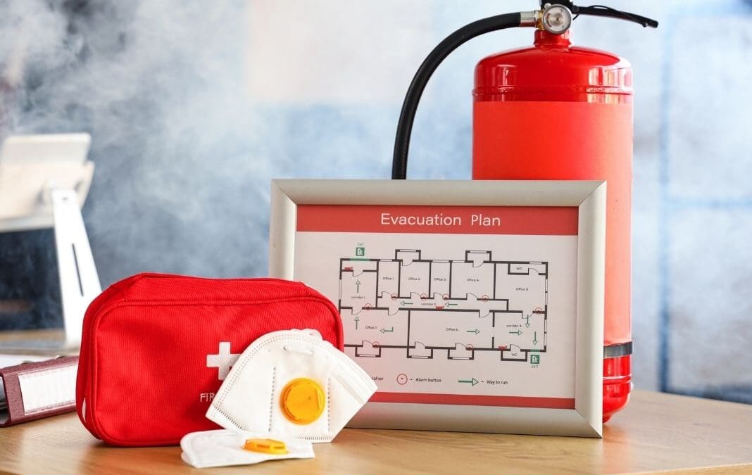 Objects to do with fire safety in a fire safety emergency plan